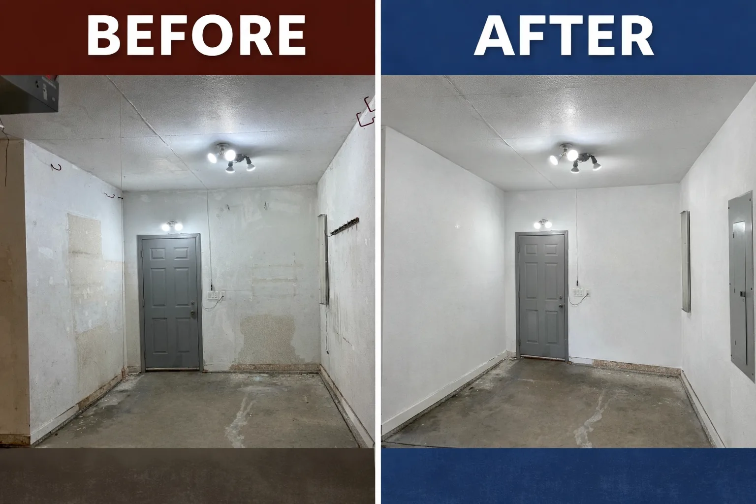Garage interior wall repaint before and after โ Des Moines, Iowa